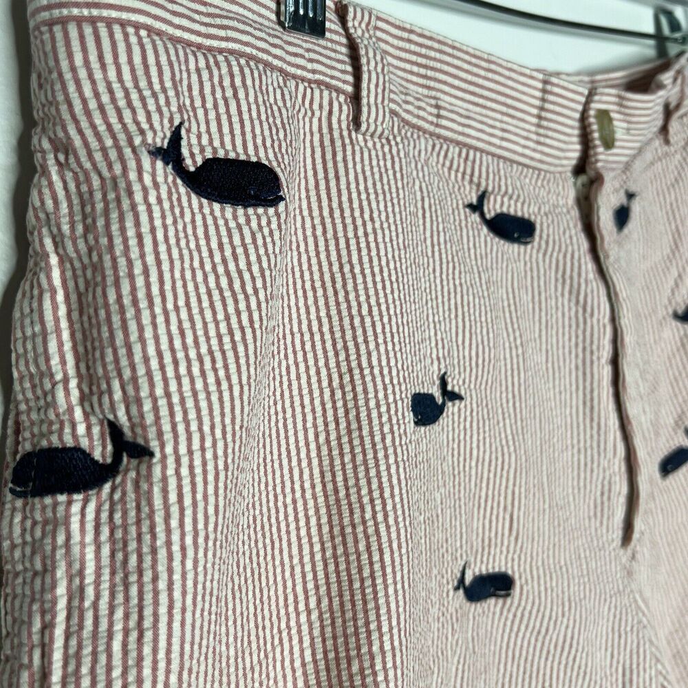 J Crew Chino Shorts‎ Mens 38 Seersucker Embroidered Whales Stripe Cotton Preppy - Picture 5 of 10